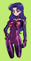 Rule 34 | 1girl, absurdres, alternate costume, bodysuit, breasts, brown eyes, closed mouth, commentary, cosplay, cropped legs, earrings, english commentary, green background, hair intakes, hand on own hip, highres, jewelry, kaatokun, katsuragi misato, katsuragi misato (cosplay), long hair, looking at viewer, medium breasts, neon genesis evangelion, pilot suit, plugsuit, purple bodysuit, purple hair, smile, solo