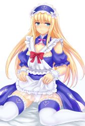 Rule 34 | 1other, apron, bad id, bad pixiv id, blonde hair, blue eyes, chevalier d&#039;eon (fate), dress, embarrassed, fate/grand order, fate (series), flower, garter straps, hair flower, hair ornament, hairband, highres, lifted by self, long hair, looking away, maid, maid apron, maid headdress, official alternate costume, shetake, simple background, sitting, thighhighs, very long hair, weapon, white background, white legwear, wrist cuffs
