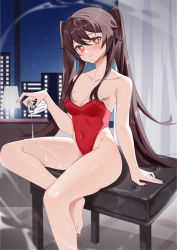 Rule 34 | 1girl, absurdres, alternate costume, bare shoulders, black nails, breasts, brown hair, closed mouth, collarbone, covered navel, cup, curtains, drinking glass, flower-shaped pupils, gengetsu aya, genshin impact, highres, holding, holding cup, hu tao (genshin impact), indoors, leotard, long hair, looking at viewer, medium breasts, nail polish, night, night sky, piano bench, pouring, pouring onto self, red eyes, red leotard, sidelocks, sitting, sky, solo, star (sky), starry sky, strapless, strapless leotard, symbol-shaped pupils, thighs, twintails, very long hair, wet, window
