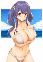 Rule 34 | 1girl, arcie albano, arm under breasts, azur lane, bare arms, bare shoulders, bikini, blunt bangs, blush, breasts, cameltoe, cleavage, collarbone, female focus, groin, hair ornament, halterneck, hand on breast, highres, italian flag, large breasts, long hair, multiple straps, navel, o-ring, o-ring bikini, pola (azur lane), purple hair, red eyes, sidelocks, simple background, skindentation, smile, solo, swimsuit, twintails, white background, white bikini