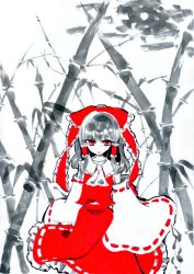 Rule 34 | 1girl, bamboo, bamboo forest, black hair, detached sleeves, female focus, forest, hair ribbon, hair tubes, hakurei reimu, lipstick, makeup, miri, miri (tobira no mukou), monochrome, nature, red eyes, red lips, ribbon, simple background, solo, spot color, touhou