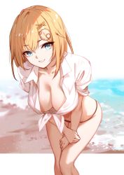 Rule 34 | 1girl, areola slip, beach, bikini, black bikini, blonde hair, blue eyes, blush, breasts, cleavage, collarbone, collared shirt, downblouse, faicha, grin, hair ornament, hairclip, hololive, hololive english, large breasts, leaning forward, letterboxed, looking at viewer, naked shirt, no bra, outside border, shirt, shore, short hair, short sleeves, smile, solo, swimsuit, thighs, tied shirt, virtual youtuber, watson amelia, white shirt