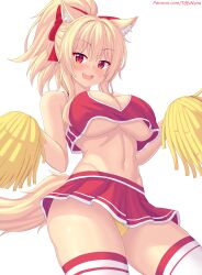 Rule 34 | 1girl, animal ears, bare shoulders, blonde hair, blush, bow, breasts, cat ears, cat girl, cat tail, cheerleader, commentary, english commentary, hair bow, hair ornament, highres, holding, holding pom poms, large breasts, long hair, looking at viewer, navel, nottytiffy, open mouth, original, panties, patreon username, pom pom (cheerleading), pom poms, ponytail, red bow, red eyes, red skirt, simple background, skirt, sleeveless, smile, solo, stomach, tail, thighhighs, thighs, tiffy (nottytiffy), underwear, white background, white thighhighs, yellow panties