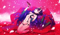 Rule 34 | 1girl, :d, alcohol, barefoot, barefoot sandals (jewelry), blush, cup, fangs, fate/grand order, fate (series), flat chest, horns, japanese clothes, kimono, kneeling, looking at viewer, matsuryuu, navel, oni, open clothes, open kimono, open mouth, petals, purple eyes, purple hair, revealing clothes, sakazuki, sake, short hair, shuten douji (fate), shuten douji (first ascension) (fate), smile, solo, teeth