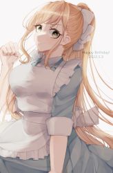 Rule 34 | 1girl, absurdres, apron, blush, bow, breasts, brown eyes, clenched hand, collared shirt, danganronpa (series), danganronpa 3 (anime), dated, grey background, hair bow, hand up, happy birthday, highres, large breasts, long hair, long sleeves, looking at viewer, ponytail, shirt, simple background, smile, solo, white apron, white bow, yukiusagi (yukiusa), yukizome chisa