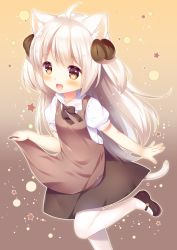Rule 34 | 1girl, ahoge, animal ears, blouse, blush, brown background, brown eyes, coffee beans, eyebrows, food-themed hair ornament, gradient background, hair ornament, holding, long hair, looking at viewer, mary janes, natsume asato, open mouth, pantyhose, puffy short sleeves, puffy sleeves, shirt, shoes, short sleeves, silver hair, skirt, solo, standing, standing on one leg, tail, tama world coffee, tamako (tama world coffee), thighhighs, vest, white pantyhose