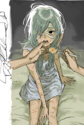 Rule 34 | 1boy, bags under eyes, bandage over one eye, bandaged head, bandages, black eyes, dirty, drooling, dungeon meshi, elf, feeding, finger in another&#039;s mouth, food, gorget, green shirt, grey hair, highres, holding, holding spoon, long hair, long sleeves, looking at viewer, male focus, messy hair, mithrun, mon g 11, multiple scars, open mouth, pointy ears, pov, pov hands, saliva, scar, shirt, sitting, skinny, solo focus, spoon, teeth, tongue, tunic, wavy hair, white tunic