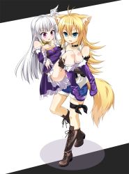 Rule 34 | 2girls, animal ears, blonde hair, blue eyes, boots, carrying, collar, cross-laced footwear, elbow gloves, fox ears, fox tail, gloves, high heel boots, high heels, highres, knee boots, kyuutou (kyuutouryuu), lace-up boots, long hair, multiple girls, original, princess carry, purple eyes, silver hair, tail, thighhighs