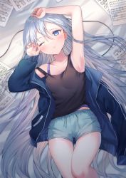 Rule 34 | 1girl, arm up, armpits, bed sheet, black tank top, blue eyes, blue jacket, blue shorts, blush, camisole, closed mouth, collarbone, commentary request, feet out of frame, grey hair, hair between eyes, highres, jacket, long hair, long sleeves, lying, on back, paraffin, project sekai, puffy long sleeves, puffy sleeves, purple camisole, sheet music, short shorts, shorts, sleeves past wrists, solo, tank top, very long hair, yoisaki kanade
