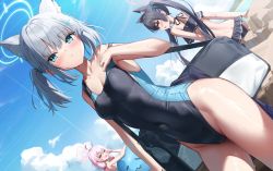 Rule 34 | 3girls, ahoge, animal ears, back, bag, bare arms, bare shoulders, bikini, black bikini, black one-piece swimsuit, blue archive, blue eyes, breasts, collarbone, competition swimsuit, contrapposto, covered navel, duffel bag, dutch angle, extra ears, fox ears, frilled bikini, frills, from behind, grey hair, hair ornament, hair ribbon, halo, heterochromia, highleg, highleg swimsuit, highres, hoshino (blue archive), hoshino (swimsuit) (blue archive), kyonta, long hair, looking at viewer, mismatched pupils, multiple girls, one-piece swimsuit, outdoors, parted lips, pink hair, red eyes, ribbon, serika (blue archive), serika (swimsuit) (blue archive), shiroko (blue archive), shiroko (swimsuit) (blue archive), small breasts, standing, swimsuit, thighs, twintails, wet, yellow eyes