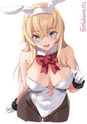 Rule 34 | 1girl, :d, animal ears, black pantyhose, blonde hair, blue eyes, blush, braid, breasts, breasts apart, commentary request, cropped legs, detached collar, ebifurya, fake animal ears, flower, french braid, gloves, hair between eyes, highres, kantai collection, large breasts, leotard, long hair, neck ribbon, open mouth, pantyhose, playboy bunny, rabbit ears, red flower, red ribbon, red rose, ribbon, rose, simple background, smile, solo, twitter username, warspite (kancolle), white background, white gloves, white leotard