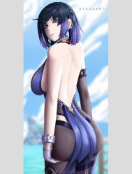 Rule 34 | 1girl, absurdres, artist name, ass, ass support, bare shoulders, black hair, breasts, come hither, deep skin, from behind, genshin impact, gloves, gradient hair, green eyes, highres, large breasts, looking at viewer, multicolored hair, naughty face, pants, parted lips, purple hair, shiny clothes, shiny skin, short hair, sideboob, smile, solo, tassel, yelan (genshin impact), zedxbr