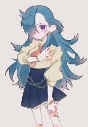 Rule 34 | 1girl, ado (utaite), bandaged fingers, bandaged hand, bandages, bandaid, bandaid on hand, bandaid on leg, blue hair, blue skirt, brown shirt, closed mouth, cloud nine inc, commentary, grey background, hair over one eye, hand on own chest, hashtag-only commentary, highres, ibara-chan (ado), ibara (ado), long hair, looking at viewer, necktie, popu pop, purple eyes, red necktie, shirt, skirt, solo