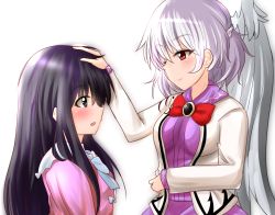 Rule 34 | 2girls, angel wings, black hair, blush, bow, bowtie, breasts, closed mouth, dress, feathered wings, from side, grey wings, headpat, houraisan kaguya, jacket, kishin sagume, long hair, long sleeves, medium breasts, multiple girls, open clothes, open jacket, oshiaki, parted lips, profile, purple dress, red bow, red bowtie, red eyes, short hair, silver hair, single wing, smile, touhou, white jacket, wings