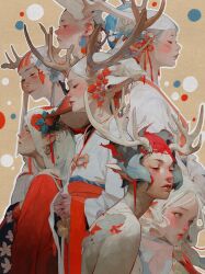 Rule 34 | 6+girls, absurdres, adobe fresco (medium), antlers, blush, closed eyes, closed mouth, commentary, earrings, english commentary, flower, from side, grey eyes, grey hair, half-closed eyes, highres, horns, japanese clothes, jewelry, kimono, lips, lipstick, looking afar, makeup, multicolored hair, multiple girls, original, outline, own hands together, pointy ears, procreate (medium), red flower, red hair, red kimono, red lips, short hair, sleeves past wrists, smile, tito merello, two-tone hair, white hair, white kimono, white outline, white veil, wide sleeves, yellow background