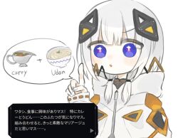 Rule 34 | 1girl, blue eyes, blush stickers, cevio, chibi, coat, commentary, curry, diamond hair ornament, english text, equation, faoru ofuton, food, game screenshot inset, grey pupils, hair over shoulder, hand up, hood, hood down, hooded coat, index finger raised, kafu-chan no kare udon kyousou kyoku (cevio), kafu (cevio), kamitsubaki studio, long hair, long sleeves, low twintails, multicolored coat, multicolored eyes, noodles, official alternate costume, open mouth, orange coat, red eyes, simple background, solo, source quote, spoken symbol, translated, twintails, udon, upper body, v-shaped eyebrows, white background, white coat, white hair