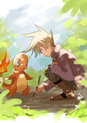 Rule 34 | 1boy, blue oak, boots, brown footwear, brown hair, charmander, commentary request, creatures (company), day, drawing, flame-tipped tail, game freak, gen 1 pokemon, green eyes, hand up, holding, holding stick, long sleeves, male focus, marutoko45, nintendo, outdoors, pants, parted lips, pokemon, pokemon (creature), pokemon adventures, purple shirt, shirt, short hair, spiked hair, squatting, stick