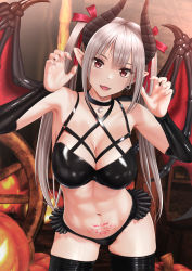 Rule 34 | 1girl, abs, absurdres, choker, claw pose, commentary request, demon girl, demon horns, demon wings, detached sleeves, earrings, fangs, fingernails, hair ribbon, halloween, highres, horns, jack-o&#039;-lantern, jewelry, long fingernails, looking at viewer, original, parted lips, pointy ears, pubic tattoo, pumpkin, red eyes, revealing clothes, ribbon, shiny clothes, silver hair, solo, tai (2vs), tattoo, thighhighs, twintails, wings