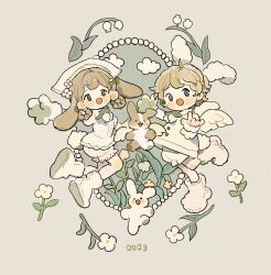 Rule 34 | 2023, 2girls, angel wings, animal ears, animal hands, blonde hair, bloomers, blush stickers, boots, braided hair rings, brown hair, buttons, center frills, chinese zodiac, commentary, dress, english commentary, floppy ears, flower, flower brooch, frills, full body, fur-trimmed dress, fur boots, fur collar, fur trim, gloves, grey background, grey eyes, hair flower, hair ornament, hairclip, hat, hat flower, head scarf, highres, lace-trimmed headwear, lace trim, leaf, lily of the valley, looking at viewer, loose hair strand, multiple girls, new year, open mouth, original, paw gloves, putong xiao gou, rabbit, rabbit ears, rabbit tail, red lips, short dress, short hair, single glove, single wrist cuff, smile, tail, underwear, white bloomers, white dress, white flower, white footwear, white headwear, white wings, white wrist cuffs, wings, wrist cuffs, year of the rabbit