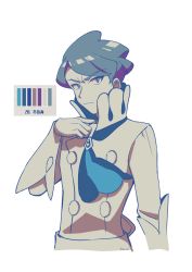 Rule 34 | 1boy, ascot, blue ascot, blue eyes, closed mouth, color guide, commentary request, creatures (company), elite four, game freak, hand up, high collar, highres, long sleeves, male focus, nintendo, omari (maririn hujyoshi), pokemon, pokemon xy, shirt, short hair, siebold (pokemon), simple background, solo, upper body, white background, white shirt