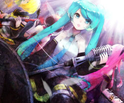Rule 34 | 4girls, band, belt, blonde hair, blue eyes, blue hair, brown hair, collared shirt, detached sleeves, facing away, guitar, hairband, hatsune miku, holding, holding microphone, instrument, kagamine rin, light, long hair, looking at viewer, megurine luka, meiko (vocaloid), microphone, multiple girls, music, necktie, open mouth, piano, pink hair, playing instrument, sailor collar, shirt, short hair, skirt, sleeveless, sleeveless shirt, totsuii kamiyama, twintails, very long hair, vocaloid