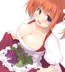 Rule 34 | 1girl, apron, blush, breasts, cafe stella to shinigami no chou, cleavage, clothes lift, collarbone, commentary request, dutch angle, eyelashes, food, frilled apron, frills, from above, fruit, grapes, hair between eyes, hair ribbon, large breasts, leaf, long hair, looking at viewer, open mouth, orange hair, puffy short sleeves, puffy sleeves, purple eyes, raised eyebrows, red skirt, ribbon, shirt, short sleeves, sidelocks, simple background, skirt, skirt lift, smile, solo, sumizome nozomi, tatsuya (trypaint), twintails, white apron, white background, white ribbon, white shirt
