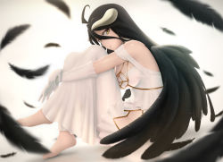 Rule 34 | 1girl, ahoge, albedo (overlord), barefoot, black hair, black wings, breasts, commentary request, demon girl, demon horns, dress, elbow gloves, feathered wings, feathers, gloves, hip vent, horns, large breasts, hugging own legs, long hair, looking at viewer, overlord (maruyama), siraha, sitting, solo, white dress, white gloves, wings, yellow eyes
