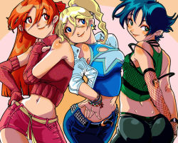 Rule 34 | 3girls, ass, black hair, blonde hair, blossom (ppg), blue eyes, breasts, bubbles (ppg), buttercup (ppg), elbow gloves, fishnets, gloves, green eyes, hip focus, multiple girls, powerpuff girls, red eyes, red hair, thong, whale tail (clothing)