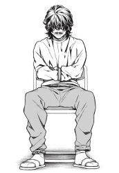 Rule 34 | 1boy, black hair, brown eyes, chair, closed mouth, dead mount death play, highres, long hair, serious, shirt, simple background, sitting, solo, sorimura tena, very long hair, white background, white shirt