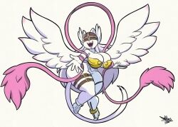 Rule 34 | 1girl, angewomon, animal ears, belt, breasts, cat ears, cat tail, curvy, digimon, digimon (creature), female focus, furry, fusion, helmet, high heels, highres, huge breasts, leotard, long hair, open mouth, outstretched arms, ribbon, smile, solo, tail, tailmon, tansau, thick thighs, thighs, very long hair, white background, white hair, wide hips, wings