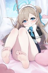 Rule 34 | 1girl, aged down, aqua eyes, asuna (blue archive), bare legs, barefoot, black dress, blue archive, blush, clenched hands, convenient leg, dress, feet, gloves, hair spread out, halo, highres, indoors, knees together feet apart, light brown hair, looking at viewer, lying, maid, maid headdress, mixiguo 1205, on back, smile, soles, solo, toes, white gloves