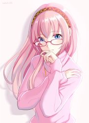 Rule 34 | 1girl, artist name, blue eyes, commentary, glasses, hairband, hand to own mouth, hand up, long hair, looking at viewer, megurine luka, nokuhashi, pink hair, pink sweater, sidelighting, solo, sweater, upper body, vocaloid