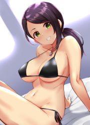 Rule 34 | 1girl, arm support, bare arms, bare shoulders, bed, bikini, black bikini, blush, breasts, cleavage, collarbone, commentary request, dog tags, dutch angle, green eyes, grin, halterneck, idolmaster, idolmaster cinderella girls, indoors, jewelry, large breasts, leaning back, long hair, looking at viewer, low ponytail, navel, necklace, on bed, ponytail, purple hair, side-tie bikini bottom, sitting, smile, solo, stomach, string bikini, swept bangs, swimsuit, tomajiyama, underboob, yamato aki