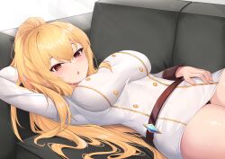 Rule 34 | 1girl, absurdres, arm up, belt, black panties, blonde hair, blush, breasts, brown eyes, buttons, commentary, commission, couch, crossed bangs, deogho (liujinzy9854), double-breasted, dress, english commentary, gem, hair between eyes, highres, impossible clothes, impossible dress, large breasts, long hair, long sleeves, looking at viewer, lying, nail polish, on back, original, panties, ponytail, solo, thighs, underwear, white dress