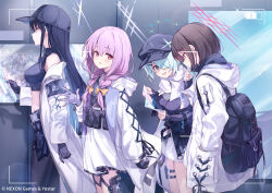 4girls aqua_hair arius_squad_(blue_archive) atsuko_(blue_archive) backpack bag black_gloves blue_archive blue_hair bow braid brown_hair closed_mouth coat gloves hair_bow halo hat highres hiyori_(blue_archive) long_sleeves looking_at_viewer midriff misaki_(blue_archive) multiple_girls official_art open_clothes open_coat outdoors pants parted_lips pink_hair saori_(blue_archive) short_hair smile toshizou_(0714) twin_braids two-tone_gloves walking