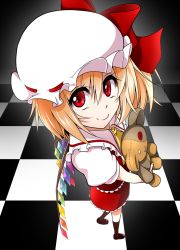Rule 34 | 1girl, bad id, bad pixiv id, blonde hair, c:, checkered floor, embodiment of scarlet devil, female focus, flandre scarlet, floor, hat, looking at viewer, mary janes, mattari yufi, perspective, red eyes, scar, shoes, skirt, smile, solo, stitches, stuffed animal, stuffed toy, touhou, wings