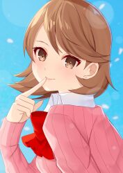 Rule 34 | 1girl, bow, bowtie, brown eyes, brown hair, cardigan, closed mouth, collared shirt, commentary, earrings, edamameoka, finger to mouth, from side, hand up, highres, index finger raised, jewelry, light blush, long sleeves, looking at viewer, looking to the side, persona, persona 3, persona 3 reload, pink cardigan, red bow, red bowtie, ribbed cardigan, shirt, short hair, smile, solo, stud earrings, swept bangs, takeba yukari, upper body, white shirt