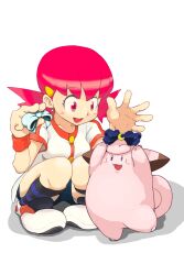Rule 34 | 1girl, ame (regular badge), blue shorts, breasts, clefairy, collarbone, commentary request, creatures (company), fang, game freak, gen 1 pokemon, highres, looking at another, medium breasts, nintendo, open mouth, pink eyes, pink hair, pokemon, pokemon hgss, ribbon, shirt, shorts, simple background, socks, solid oval eyes, squatting, striped clothes, striped socks, white background, white footwear, white shirt, whitney (pokemon)