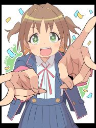 Rule 34 | + +, 1girl, :d, absurdres, black border, border, brown hair, buttons, colored inner hair, commentary, confetti, dated, double v, fang, foreshortening, green eyes, hair intakes, highres, jacket, long sleeves, looking at viewer, multicolored hair, neck ribbon, oka asahi, onii-chan wa oshimai!, open clothes, open jacket, open mouth, orange hair, outside border, outstretched arms, pleated skirt, red ribbon, ribbon, school uniform, shirt, short hair, simple background, skirt, smile, solo, suspender skirt, suspenders, two-tone hair, two side up, u illustrator, v, white background, white shirt, wing collar