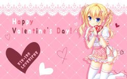 Rule 34 | 1girl, :q, blonde hair, blue eyes, blush, bow, box, center frills, closed mouth, company name, copyright name, eyes visible through hair, frilled skirt, frilled sleeves, frilled wrist cuffs, frills, gift, hair between eyes, hair ornament, hands up, happy valentine, heart, heart-shaped box, heart hair ornament, highres, holding, holding gift, kin-iro loveriche, kisaki reina, kneeling, knees out of frame, long hair, looking at viewer, mary janes, official art, official wallpaper, orange bow, pink background, pink footwear, pink skirt, pink wrist cuffs, plaid, plaid skirt, pom pom (clothes), pom pom hair ornament, puffy short sleeves, puffy sleeves, red bow, shirt, shoes, short sleeves, simple background, skirt, smile, solo, thighhighs, tongue, tongue out, toranosuke, twintails, two-tone skirt, valentine, wavy hair, white shirt, white skirt, white thighhighs, wrist cuffs, zettai ryouiki