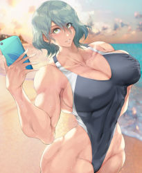 Rule 34 | 1girl, absurdres, beach, blue hair, blush, breasts, competition swimsuit, dead or alive, extreme muscles, green eyes, highres, jin-jin, large breasts, mole, mole under eye, muscular, muscular female, one-piece swimsuit, selfie, short hair, solo, swimsuit, tamaki (doa), wavy hair, wet, wide hips