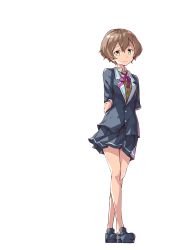 Rule 34 | 1girl, absurdres, arms behind back, blazer, blue footwear, blue skirt, brown eyes, brown hair, closed mouth, collared shirt, commentary request, fujimori mito, hair between eyes, hand on own hip, hand on own arm, highres, jacket, loafers, looking at viewer, neck ribbon, nogi wakaba wa yuusha de aru, pink ribbon, pleated skirt, ribbon, sakuria, school uniform, shirt, shoes, simple background, skirt, smile, solo, standing, sweater vest, white background, white shirt, wing collar, yuusha de aru