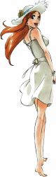 Rule 34 | 00s, 1girl, barefoot, bleach, breasts, brown eyes, dress, feet, flower, full body, grey eyes, hat, hat flower, inoue orihime, kubo tite, large breasts, legs, long hair, long image, looking back, official art, open mouth, orange hair, smile, solo, standing, sun hat, sundress, tall image, transparent background