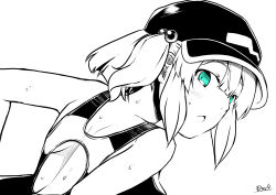 Rule 34 | 1girl, back, blue eyes, blush, commentary request, competition swimsuit, flat cap, greyscale, hair bobbles, hair ornament, hat, highres, kagiyama shachou, kawashiro nitori, looking at viewer, medium hair, monochrome, one-piece swimsuit, open mouth, sidelocks, simple background, solo, spot color, swimsuit, touhou, two side up