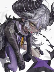 Rule 34 | 1girl, absurdres, ahoge, ankle cuffs, black collar, black dress, black footwear, black horns, blush, collar, collared dress, commentary request, cuffs, demon horns, dress, fangs, from above, gaku, grey hair, highres, hololive, horns, la+ darknesss, leaning forward, long hair, long sleeves, looking at viewer, looking to the side, looking up, metal collar, multicolored hair, necktie, open mouth, pantyhose, pointy ears, purple hair, purple pantyhose, sideways glance, single leg pantyhose, solo, sparkle, striped horns, two-tone hair, unkempt, virtual youtuber, white background, yellow eyes, yellow necktie