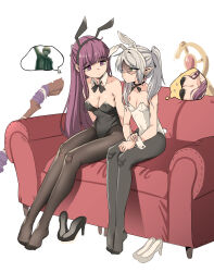 Rule 34 | 2girls, absurdres, animal ears, bare shoulders, black footwear, black leotard, black vs white, bow, bowtie, breast envy, breasts, cleavage, collarbone, couch, detached collar, earrings, elf, fake animal ears, fake tail, female focus, fern (sousou no frieren), frieren, green eyes, hairband, high heels, highres, himmel (sousou no frieren), jewelry, leotard, long hair, looking at another, mangpum (taro109210), matching hair/eyes, medium breasts, multiple girls, pantyhose, playboy bunny, pointy ears, ponytail, purple eyes, purple hair, rabbit ears, rabbit tail, shaded face, shoes, simple background, sitting, small breasts, sousou no frieren, staff, statue, strapless, strapless leotard, tail, thinking, thought bubble, twintails, unworn shoes, white footwear, white hair, white leotard, wrist cuffs