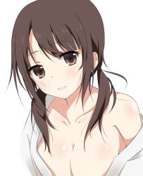 Rule 34 | 10s, 1girl, blush, breasts, brown eyes, brown hair, cleavage, collarbone, large breasts, long hair, looking at viewer, messy hair, off shoulder, okita sawa, open clothes, open shirt, out-of-frame censoring, shirt, smile, solo, tari tari, transparent background, twintails, yuki (sangeki5806)