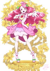 Rule 34 | 1girl, 2020, :d, absurdres, asymmetrical bangs, bow, choker, cure grace, dated, dress, earrings, floating hair, flower, full body, gloves, green bow, hair flower, hair ornament, hanadera nodoka, healin&#039; good precure, high ponytail, highres, jewelry, layered dress, long hair, looking at viewer, matatabi (karukan222), multicolored clothes, multicolored dress, open mouth, outstretched arm, pink choker, pink hair, precure, red eyes, short dress, smile, solo, standing, very long hair, white background, white footwear, white gloves, yellow flower