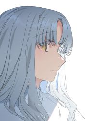 Rule 34 | 1girl, absurdres, caren hortensia, eyes visible through hair, fate/hollow ataraxia, fate (series), hair between eyes, highres, long hair, looking at viewer, noko morokoshi, open mouth, sideways glance, simple background, smile, solo, sparkle, upper body, wavy hair, white background, white hair, yellow eyes