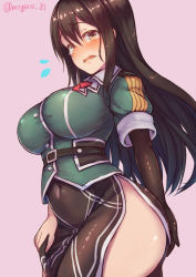 Rule 34 | 1girl, arched back, belt, black eyes, black hair, black legwear, breasts, chikuma (kancolle), collared shirt, covered navel, cowboy shot, elbow gloves, embarrassed, from side, gloves, hair between eyes, impossible clothes, kantai collection, large breasts, long hair, mogera81, no panties, open mouth, pelvic curtain, pink background, puffy short sleeves, puffy sleeves, shiny clothes, shiny skin, shirt, short sleeves, single elbow glove, solo, tears, thighs, twitter username, wavy mouth